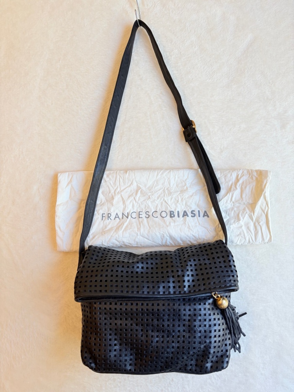 VTG Francesco Biasia Black Perforated Shoulder Bag Tassel Zip Adjustable Strap